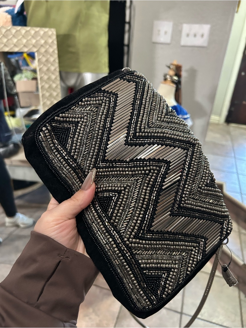 Embellished Black Beaded Wristlet Clutch